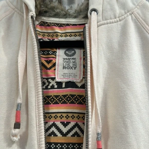 Roxy Light Peach Faux Fur Lined Hood Zip Hoodie Sweatshirt Junior Womens Medium - Picture 6 of 11